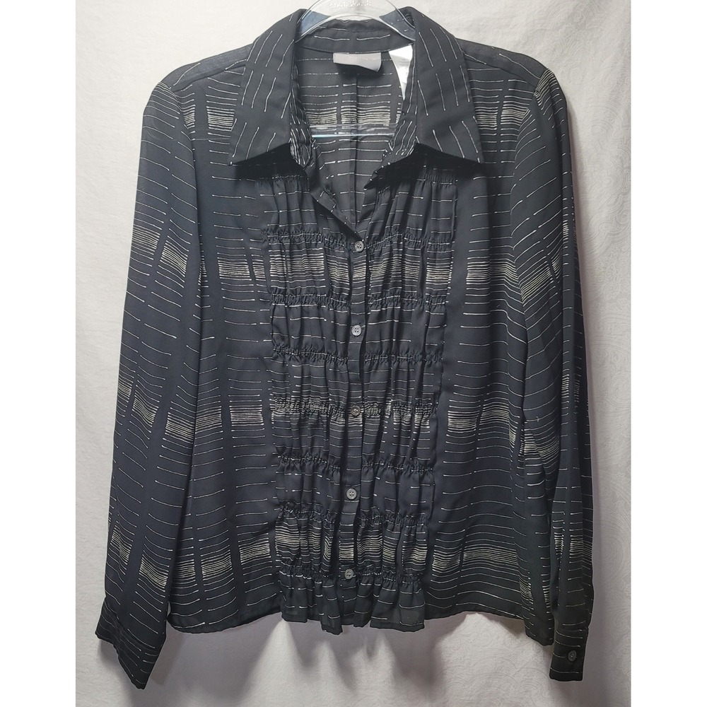 Liz Claiborne Collection Black Sheer Metallic Stripe Pintuck Blouse Women 12